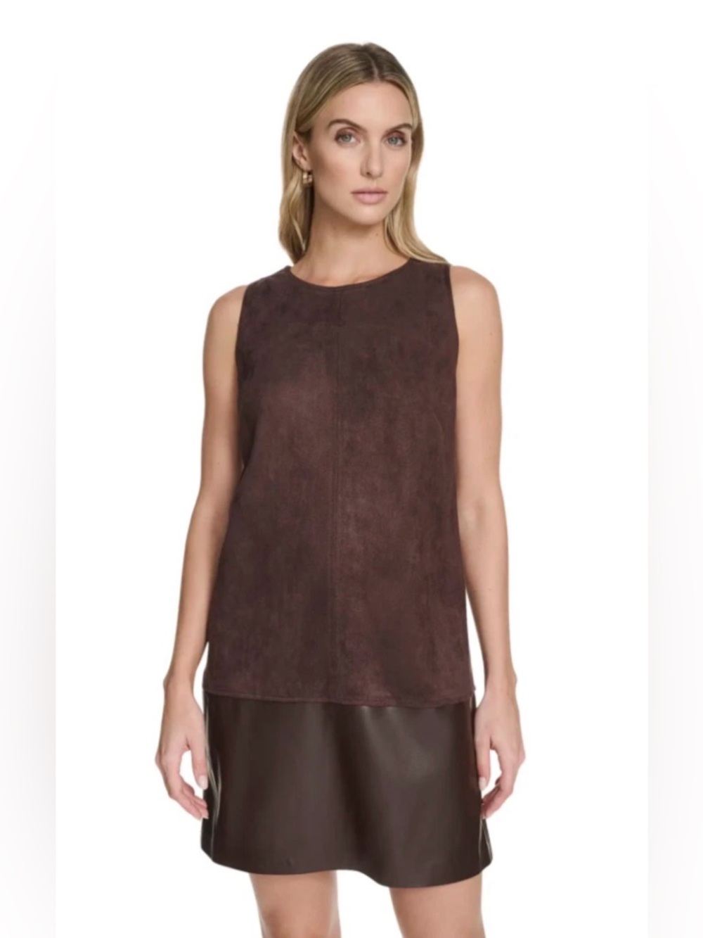 Calvin Klein Size 12 Brown Faux Leather Suede Sleeveless Shift Dress